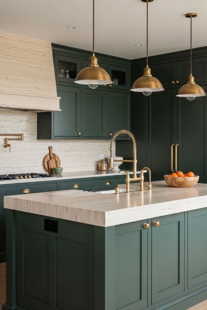 Forest Green Cabinets With Brass and Creamy Travertine