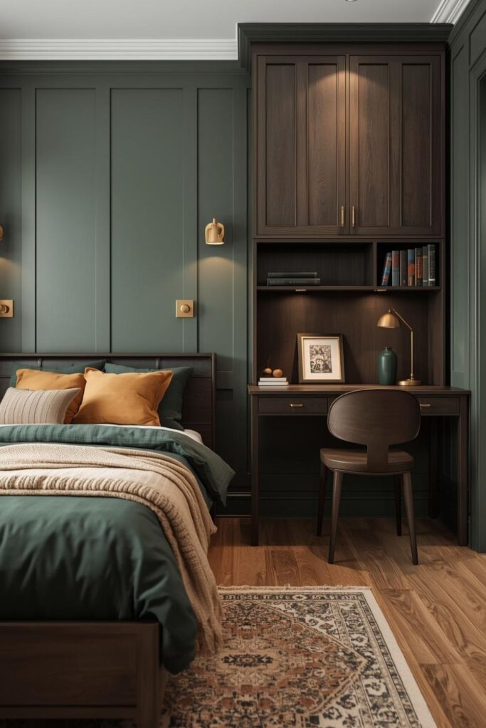 Forest Green Desk Zone with Brass Lights and Wall Hutch