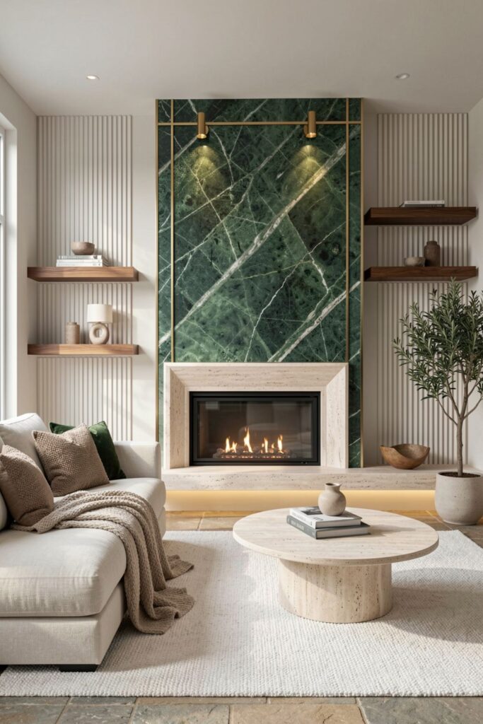Forest Green Marble Fireplace Wall With Brass Picture Lights