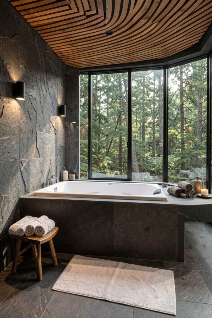 Forest-View Jacuzzi Bathroom With Basalt Stone and Teak