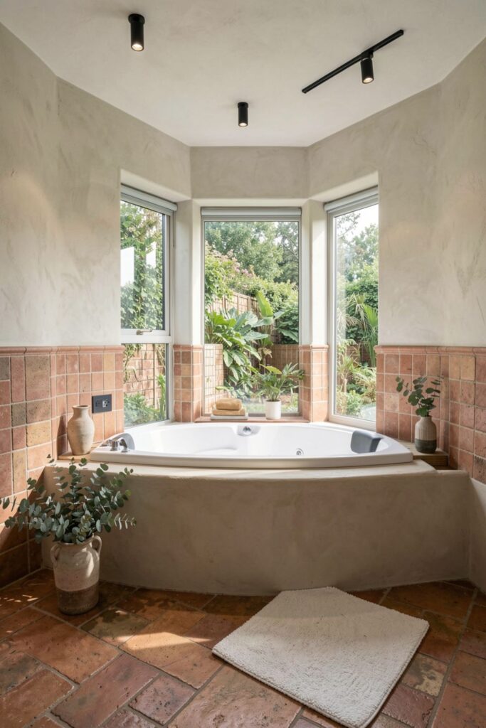 Garden-Facing Jacuzzi Nook With Terracotta and Limewash Walls