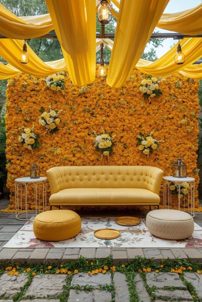 Garden Haldi Stage with Floral Wall and Upholstered Bench