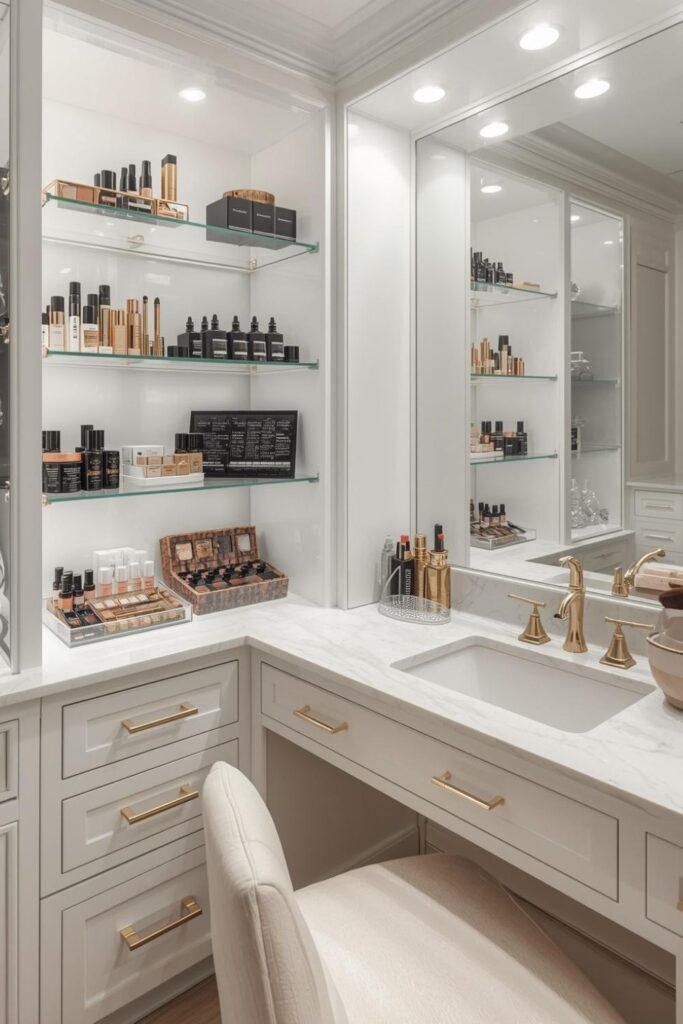 Glass Display Shelves for Beauty Products in a Luxury Vanity Makeup Room