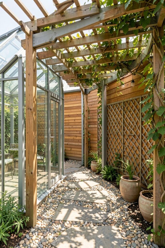 Glasshouse With Pergola-Link to Shed and Climbing Vines