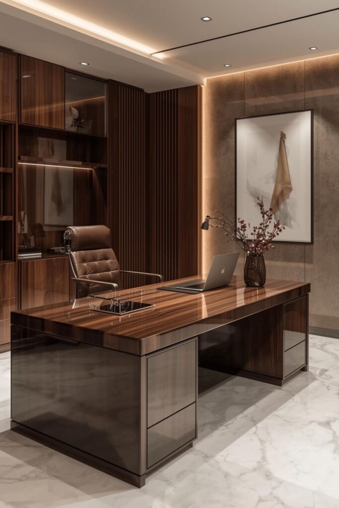 Glossy Walnut Executive Desk Styling for a Premium Workspace