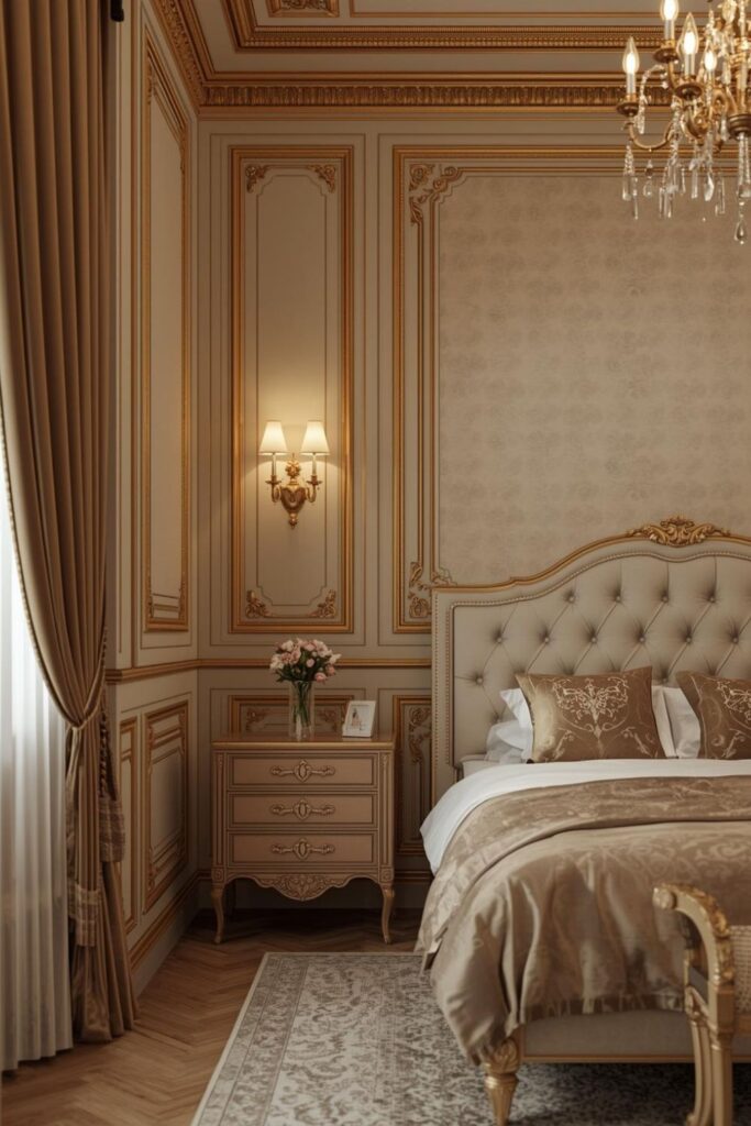 Gold Decorative Wall Panels in a Classic European Bedroom