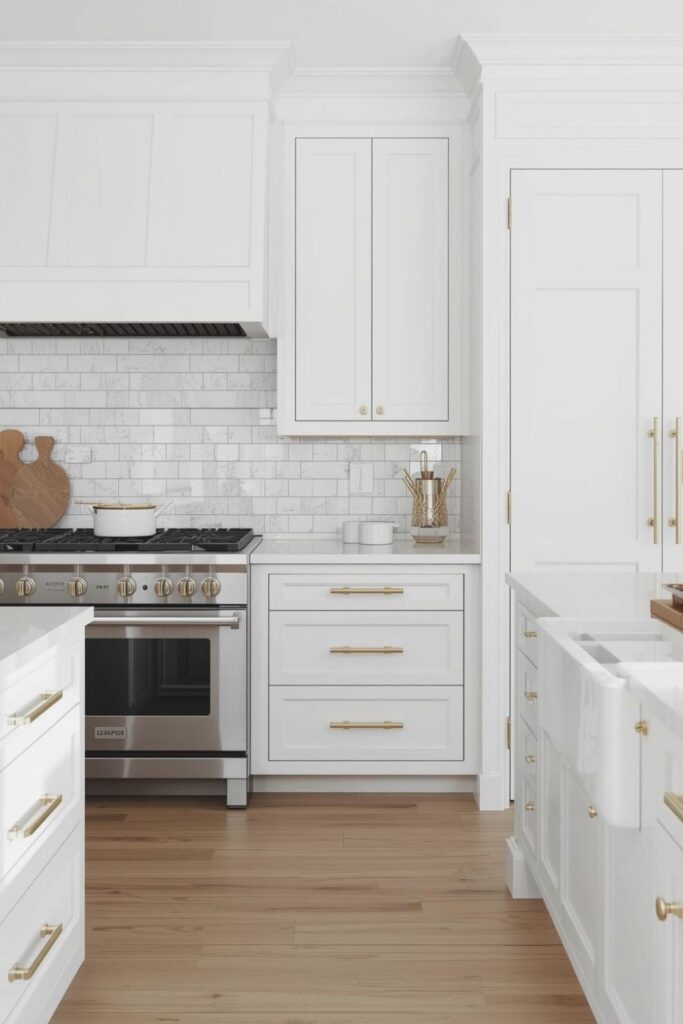 Gold-toned hardware and fixtures that warm up white cabinets