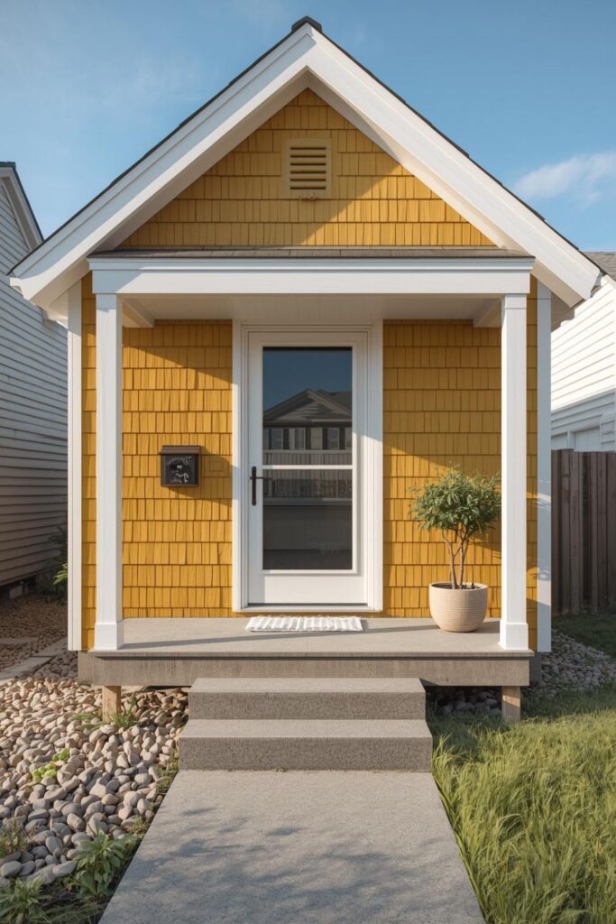 Golden Yellow Cottage With Charcoal Roof and Glass Storm Door