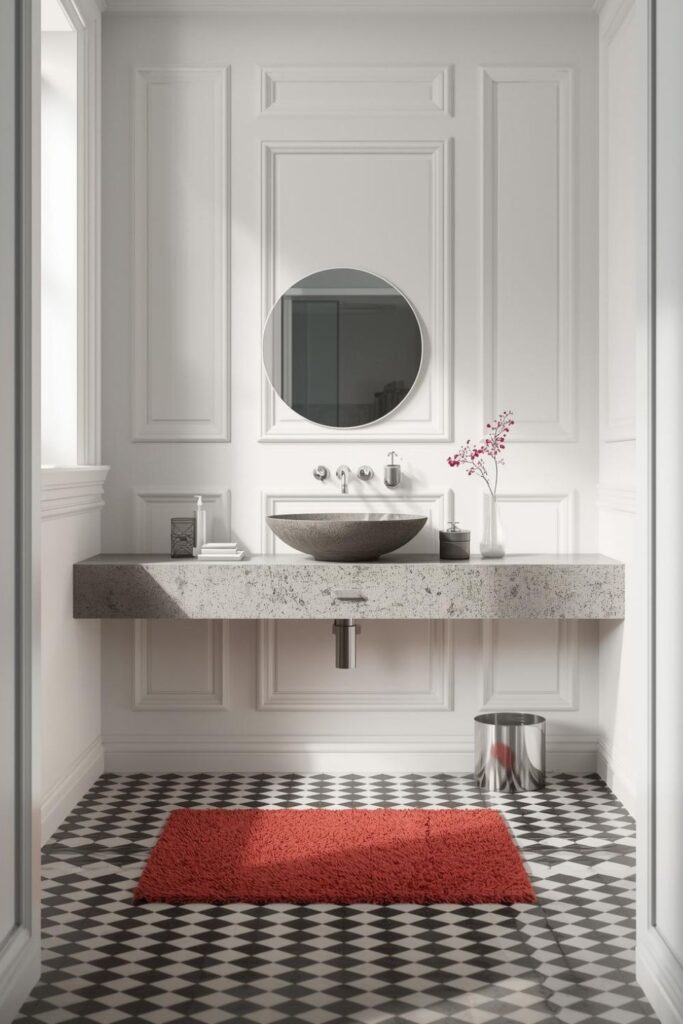 Graphic Checkerboard Floor With Sleek Floating Sink Statement