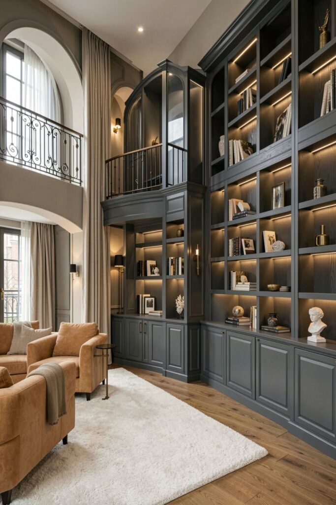 Graphite Built-Ins, Arched Openings, And Gallery Balcony Library Feel