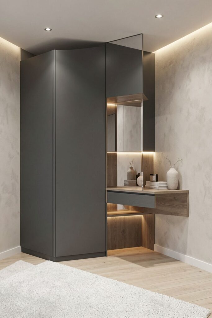Graphite Grey Wardrobe Wall with Integrated Mirror Vanity Niche