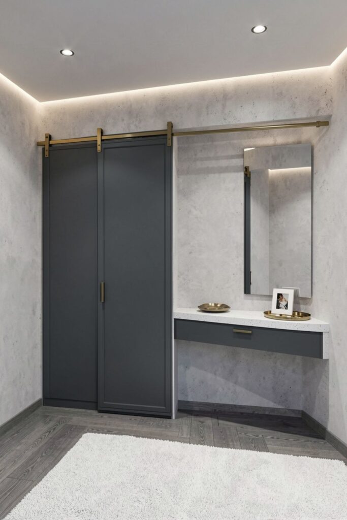 Graphite Sliding Wardrobe with Brass Track and Mirror Niche