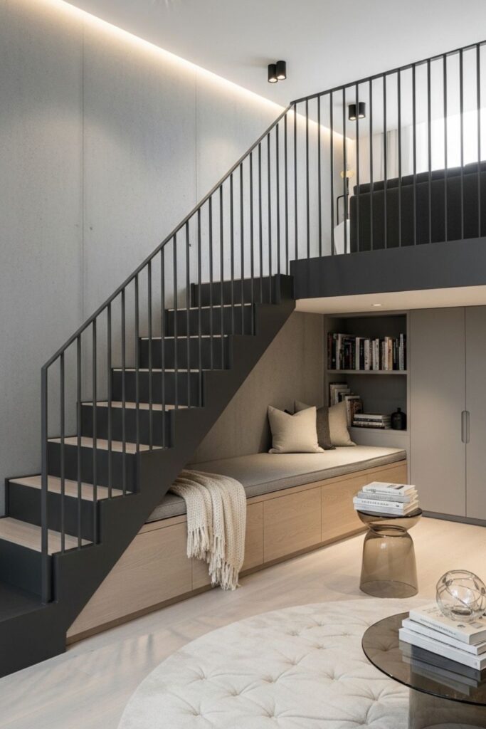 Graphite Steel Staircase Beside an Airy Reading Corner