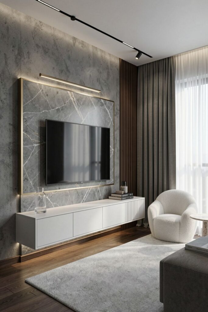 Gray Marble TV Wall with Gold Shadowline LED Frame