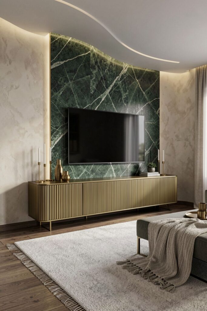 Green Marble TV Wall with Gold Fluted Console Front