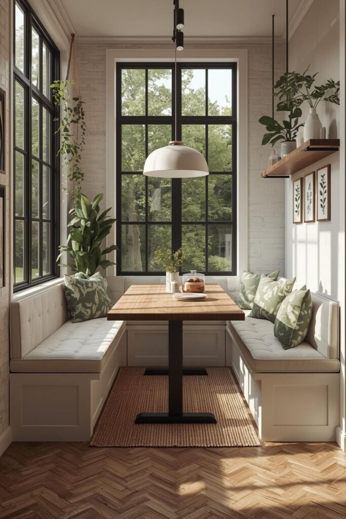 Greenhouse-Inspired Nook With Teak Table and Botanical Layers