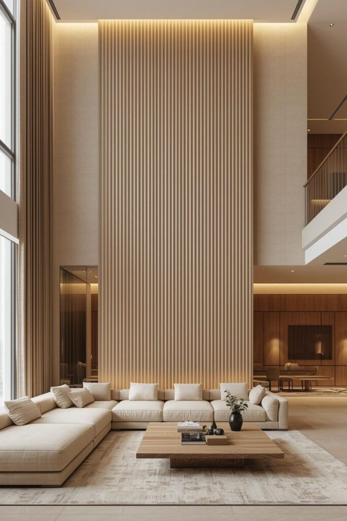 High Ceiling Modern Living Room with Tall Sculptural Wave Wall and Warm Lighting