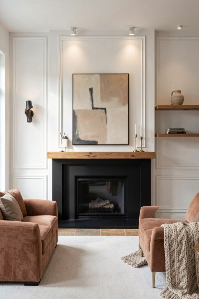 High-Contrast Black Fireplace Surround With Sandstone Tones