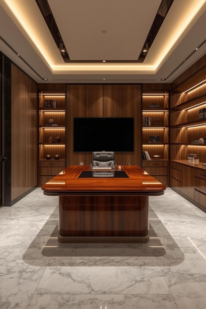 High-End Executive Office Wide View with Warm Shelf Lighting