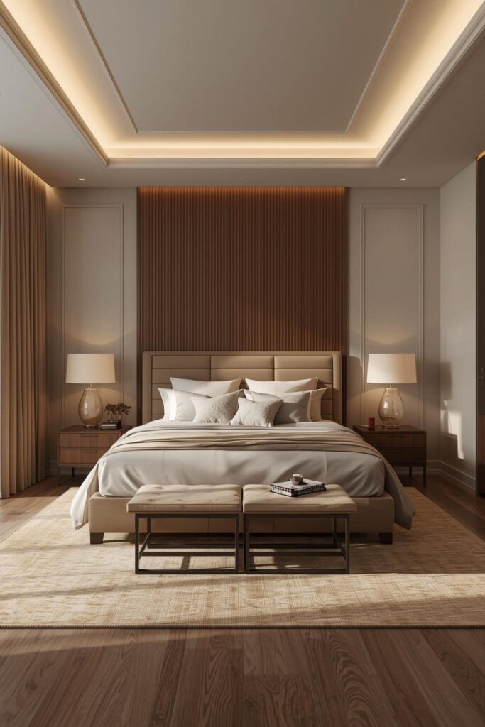 High-End Material Mix Wood Paneling And Upholstery In Luxury Bedroom