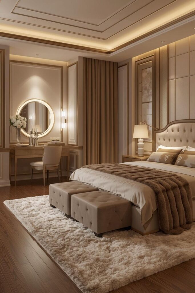 High-End Modern Glam Bedroom Layout With Bed And Vanity Focus
