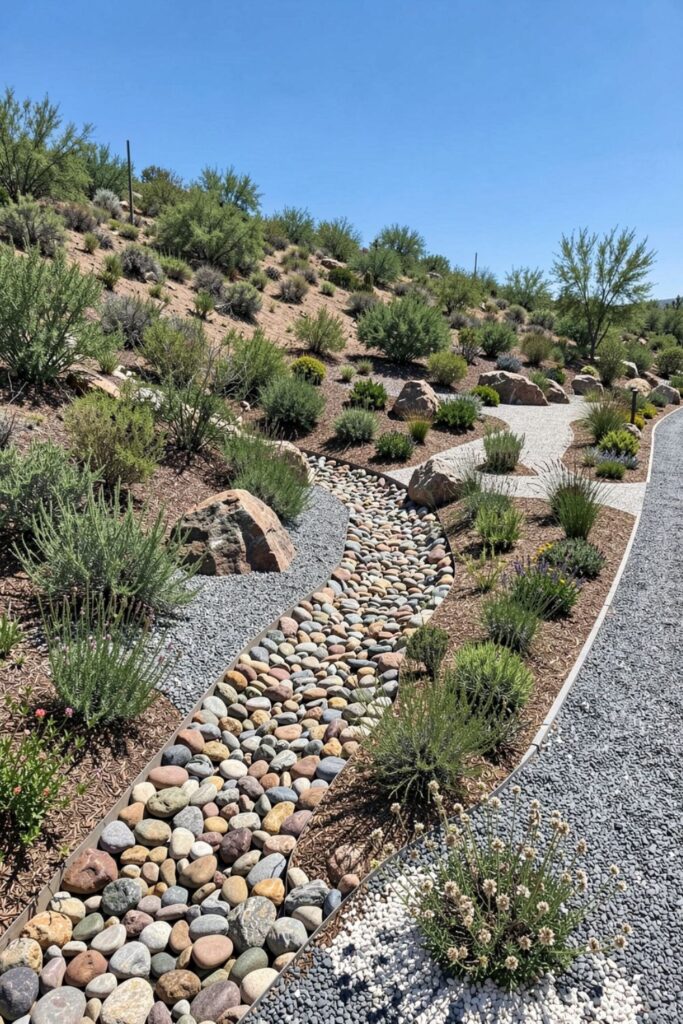 Hillside Xeriscape with Dry Riverbed for Smart Drainage