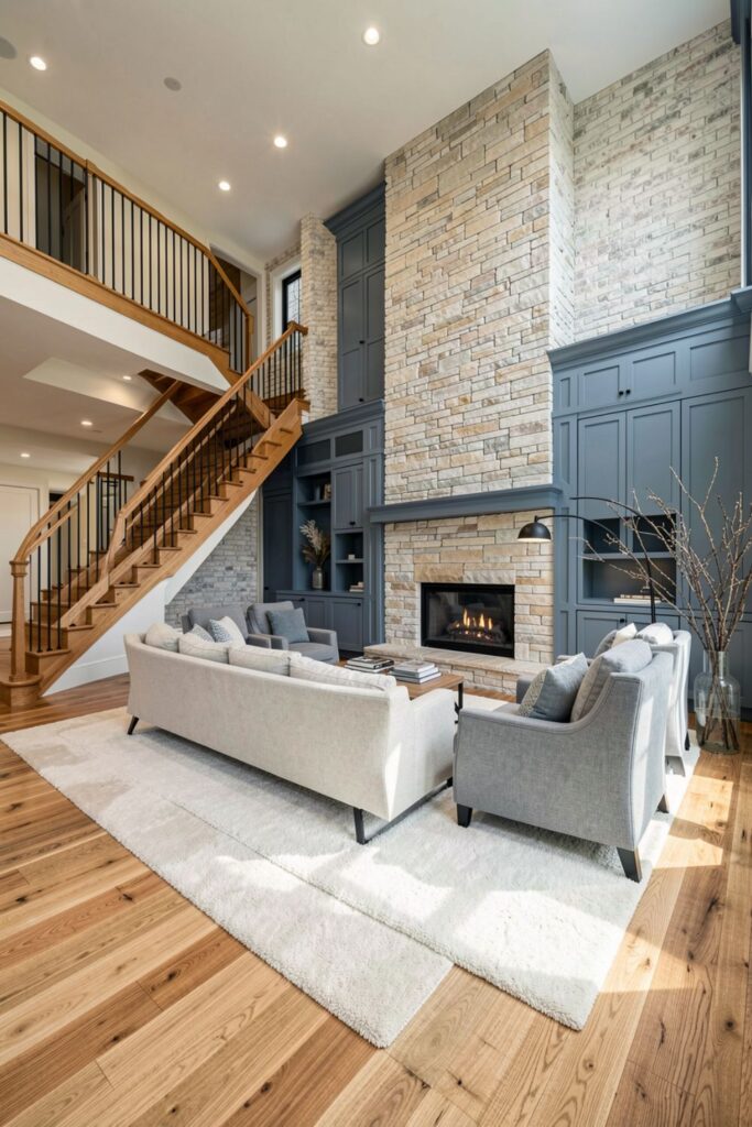 Honey Staircase Living Room with Blue-Gray Built-Ins and Fireplace