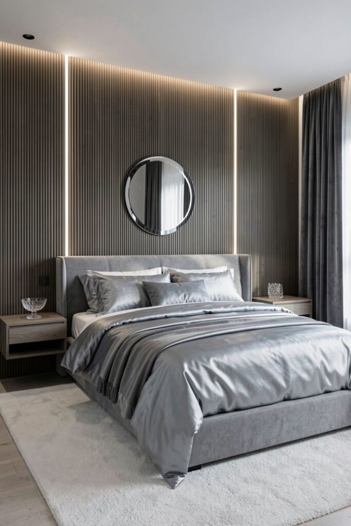 Icy Silver Silk Duvet Set with Floating Nightstands