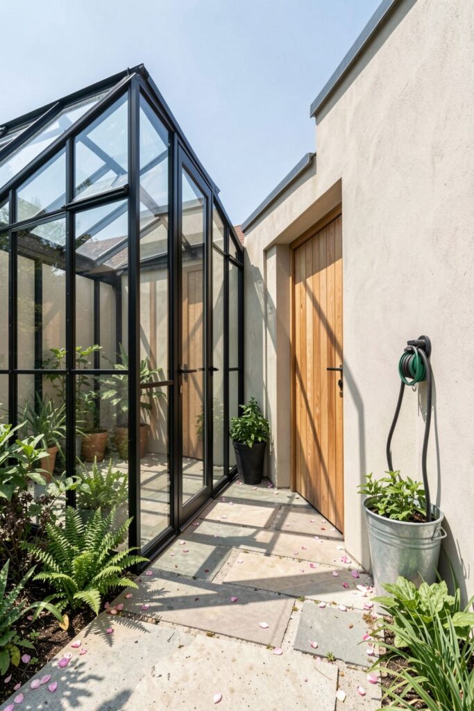 Industrial Black Frame Greenhouse With Slim Side Storage Corridor