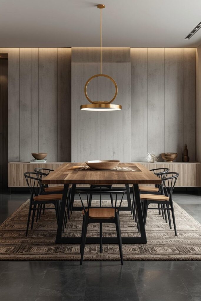 Industrial Chic Dining with Gold LED Rings and Concrete Textures