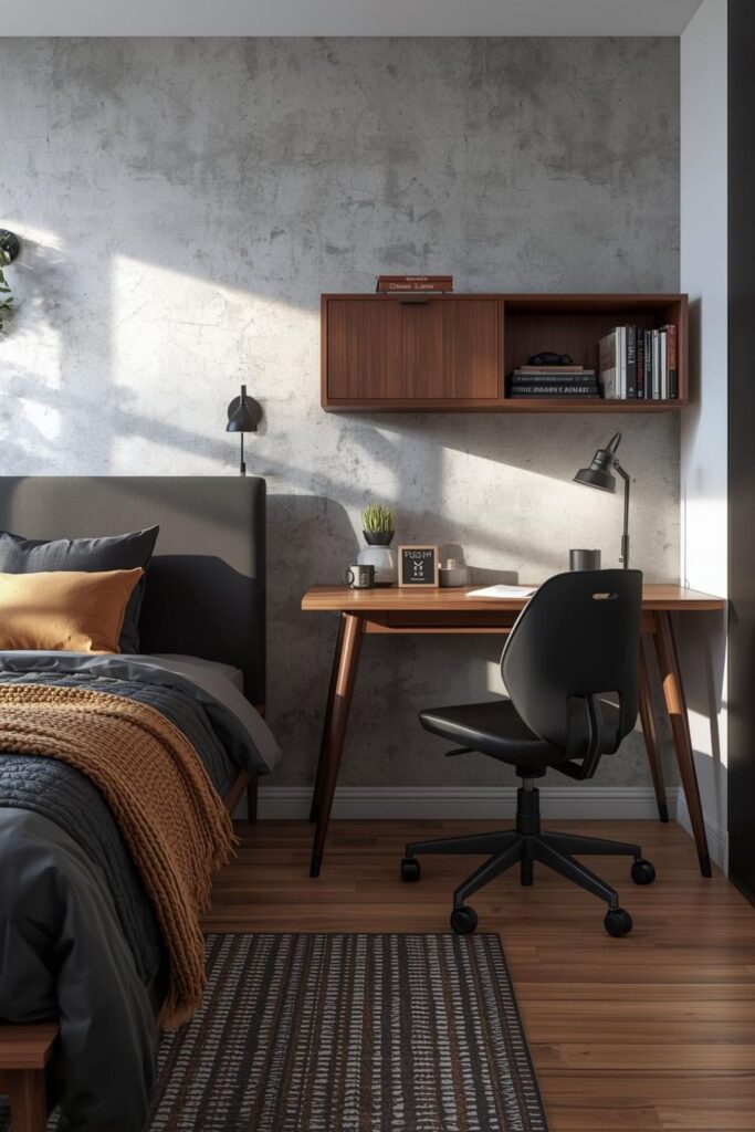 Industrial-Edge Desk Setup with Black Metal Wall Shelving