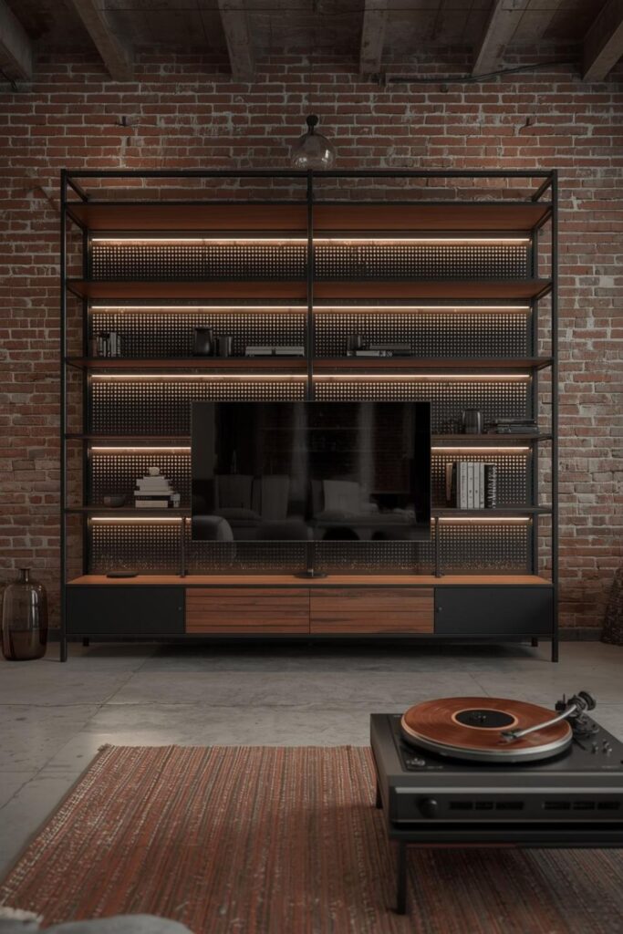 Industrial Metal Bookshelf With LED Back Panels And Oak Tones