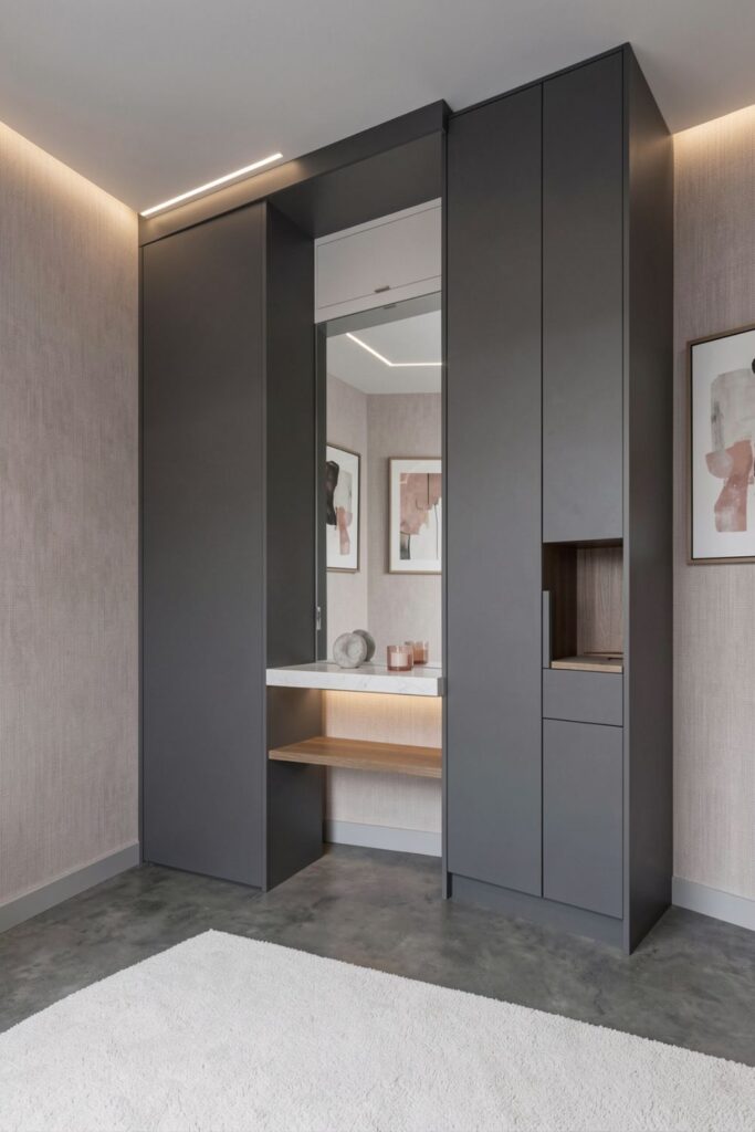 Iron-Grey Wardrobe With Gallery Mirror Vanity and Open Shelf