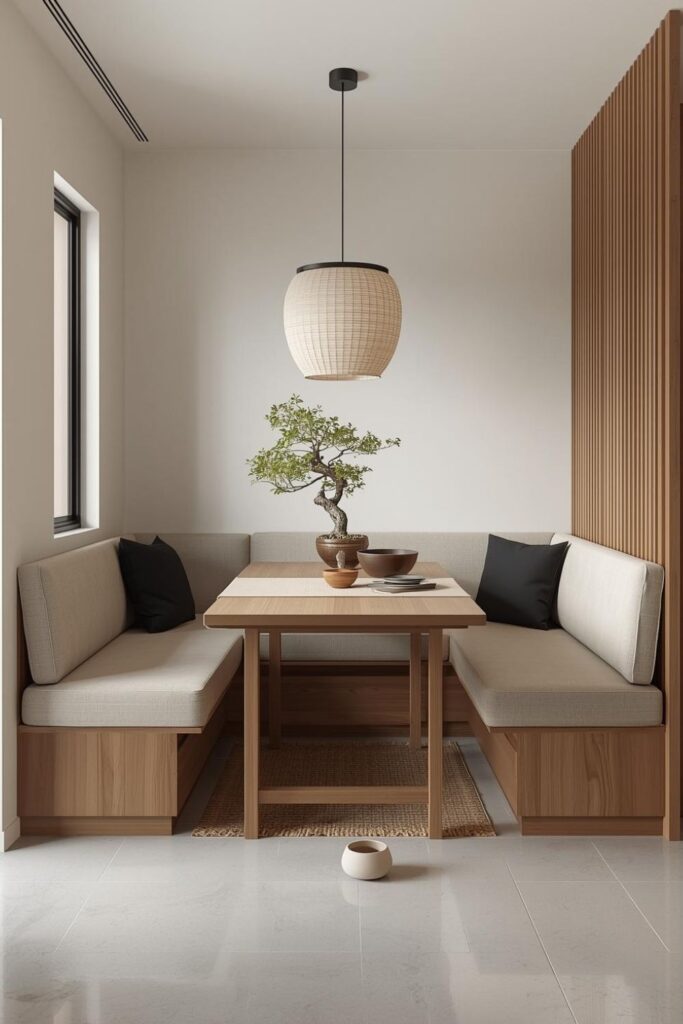 Japandi Curve Nook With Ash Table and Calm Styling Layers