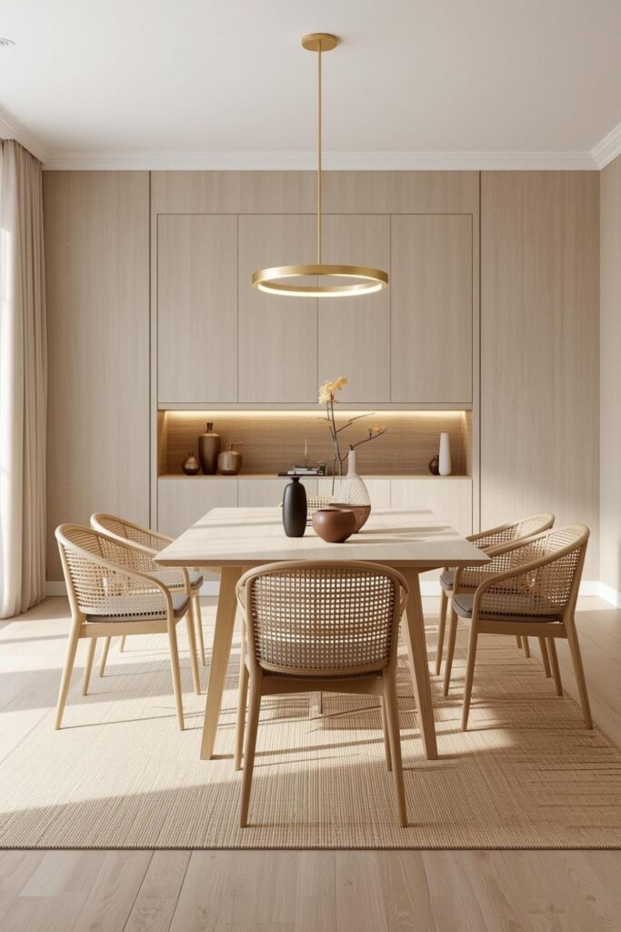 Japandi Dining Space with Blonde Wood and Soft Gold Lighting