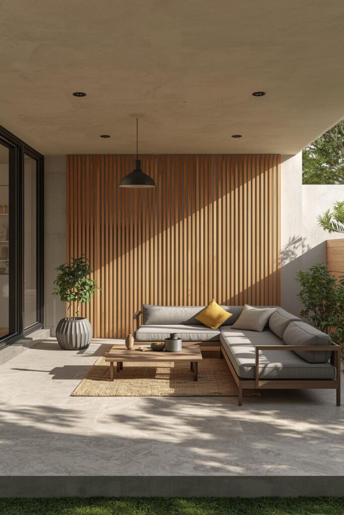 Japandi Low Seating with Slatted Screen Wall and Tatami-Inspired Rug
