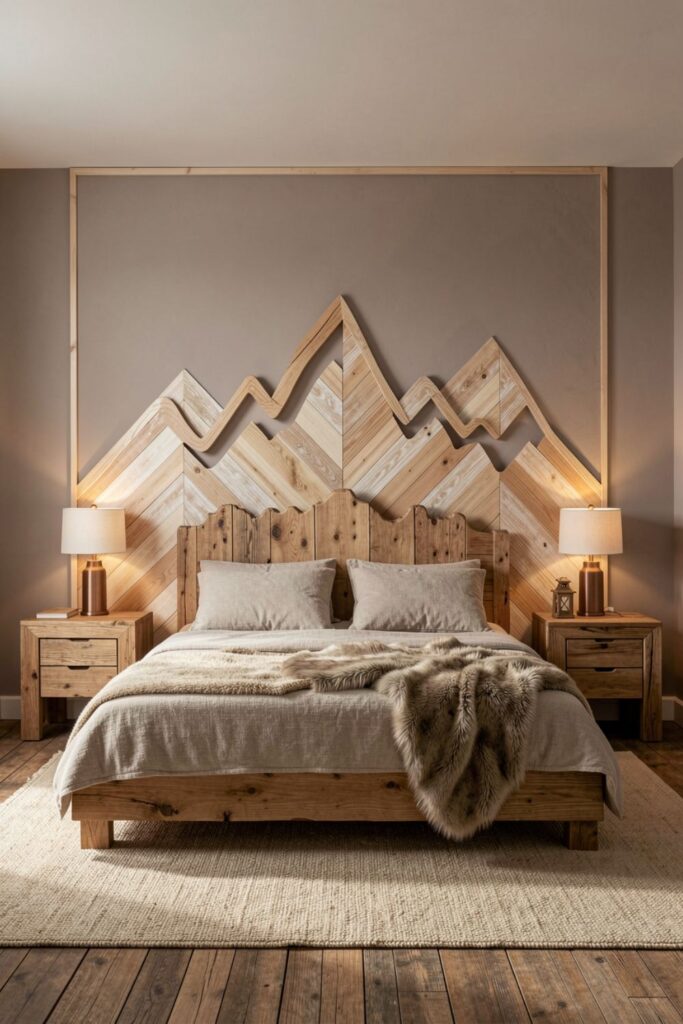 Knotty Pine Mountain Headboard With Cozy Layered Bedding