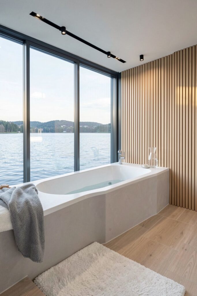 Lakeside Glass Wall Bath With Jacuzzi and Scandinavian Oak