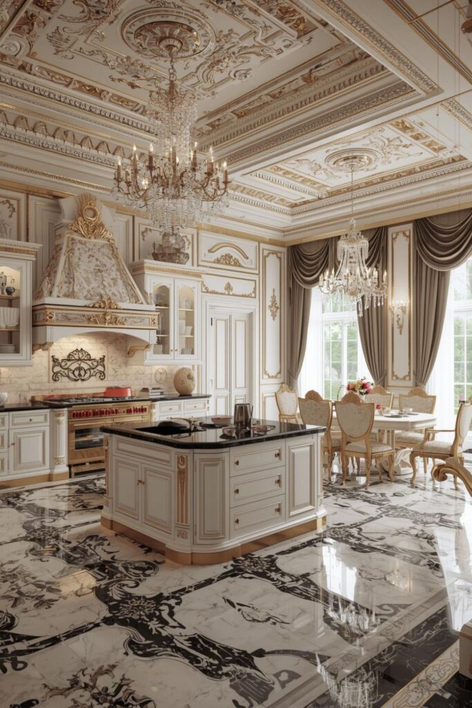 Large Kitchen Island in a Royal Luxury Classic Kitchen