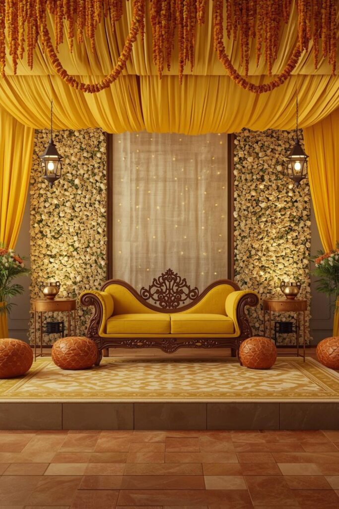 Layered Draped Canopy Stage with Carved Wooden Loveseat