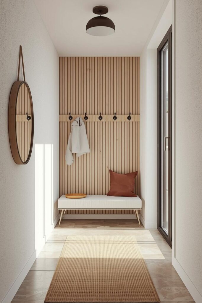 Light Birch Slats Framing Entry Bench for a Welcoming Hall