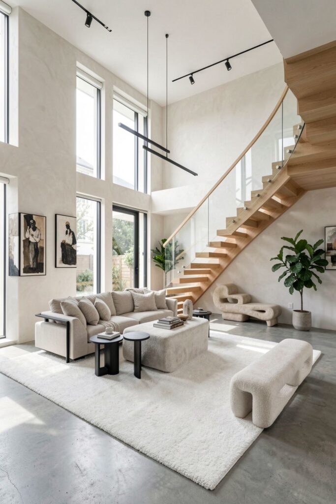 Light Oak Staircase Living Room with Glass Rail and Gallery Wall