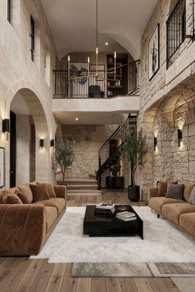 Limestone Arches With Camel Velvet Seating And Iron Balcony