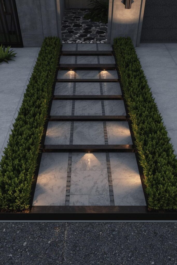 Limestone Ribbon Drive With Crisp Hedge Borders