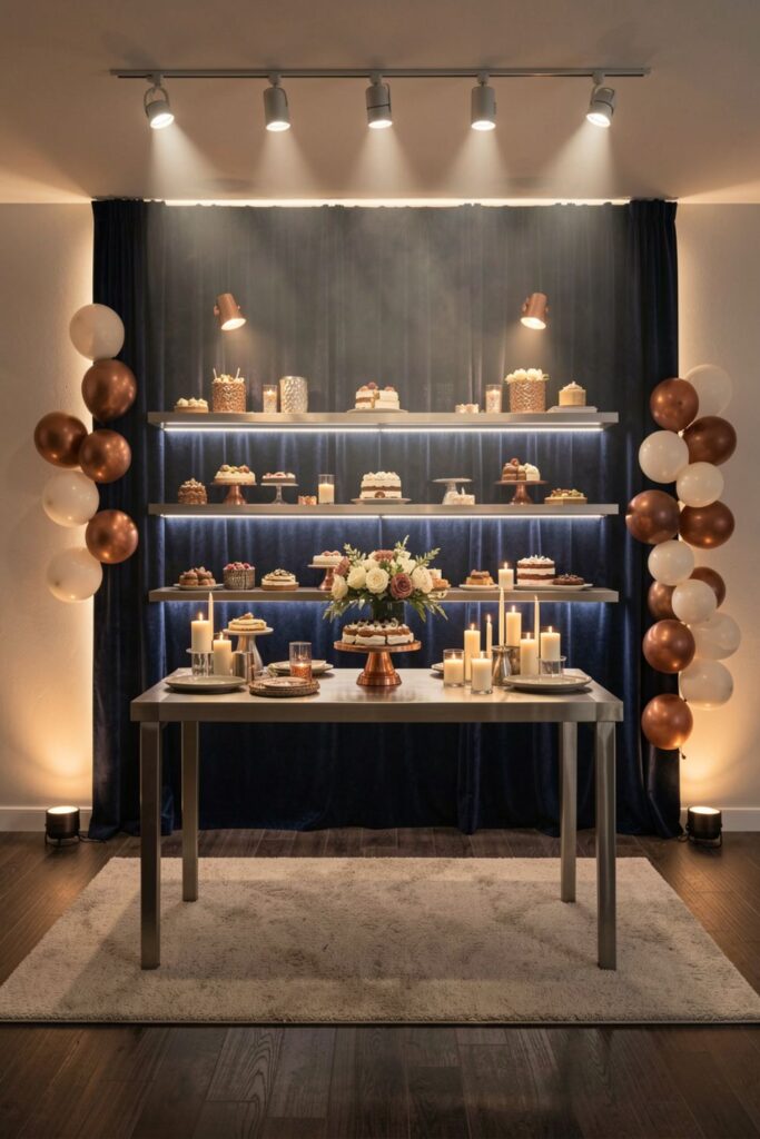 Luxe Navy Dessert Wall With Metallic Shelves and Spot Lighting