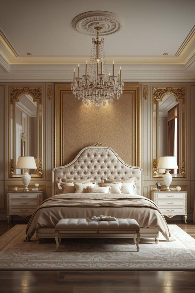 Luxury Classical Bedroom With Tufted Bed and Crystal Chandelier