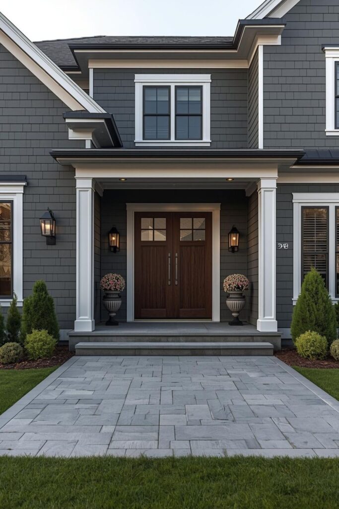 Luxury Estate Grey Siding With White Trim And Grand Double Entry