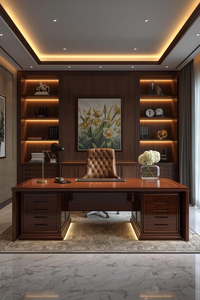 Luxury Home Office Executive Setup with Glossy Wood Desk