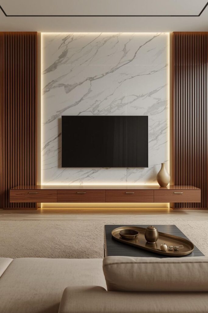 Luxury Marble TV Wall Design with Walnut Wood Panels and LED Lighting