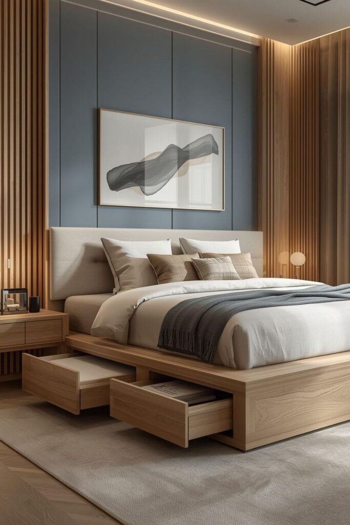 Luxury Minimalist Bedroom with Wooden Storage Bed and Rolling Under-Bed Drawers
